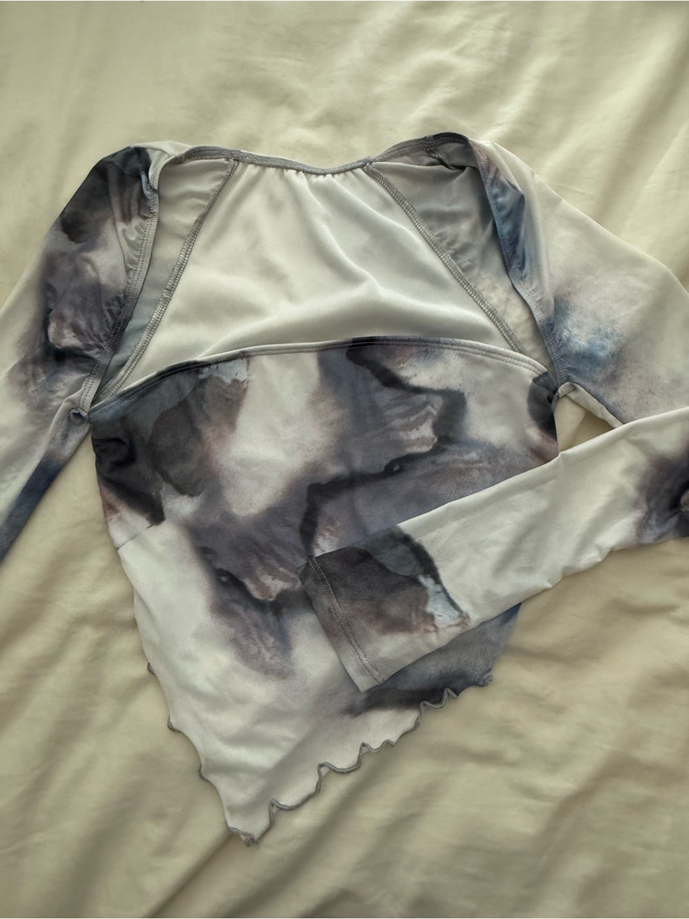 SHEIN Gray Marble Print Long Sleeve Mesh Panel Top
